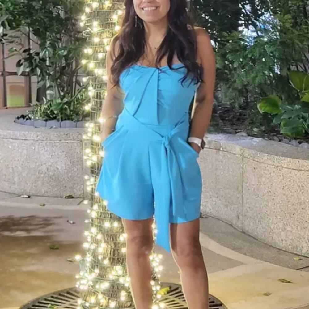 Great Jones Blue Strapless Romper LARGE Turquoise Vacation Resort Designer $260